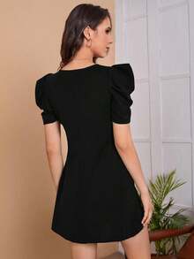 Clasi Vestido sólido negro con mangas abullonadas para mujer, vestido de - Negro - Ver 2