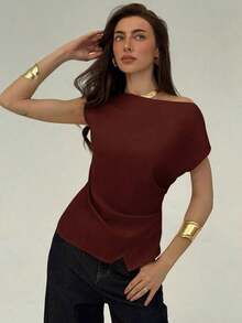 Blusa de oficina para mujer con cuello de barco, mangas cortas y corte cropped en color beige - Burdeos - Ver 4