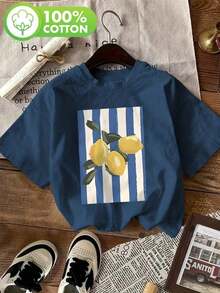 Women's Short-Sleeved T-Shirt, 100% Pure Cotton, With Lemon Print, Versatile (7) Women's T-Shirt With Vintage Retro Print, 100% Cotton - 藍色 - 查看 6