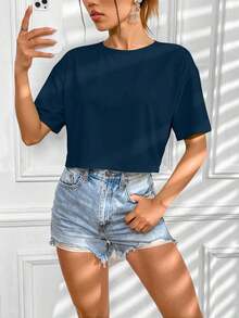 Camiseta casual de mujer con cuello redondo, manga corta y bloque de color con estampado de letras - Azul marino - Ver 3