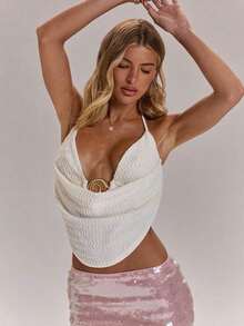 Top sin espalda con halter bordado de encaje y cuentas, apropiado para vacaciones en la playa - Blanco - Ver 6