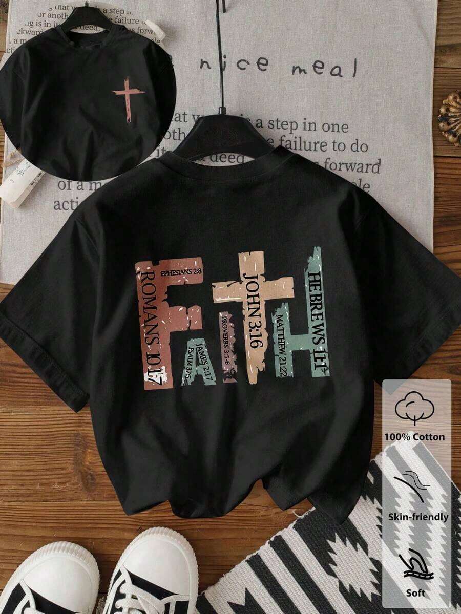 Camiseta cómoda de mujer con estampado de rayas y flores de margarita, cuello redondo, manga corta, minimalista y versátil para uso casual - Negro 2 - Ver 1