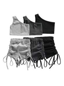 2 Pieces Kids Suit Set, Solid Color One Shoulder Sleeveless Tops+ Shorts with Drawstring for Toddler Girls, 2-10 Years - Negro - Ver 7