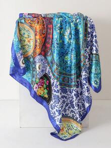 1条仿丝围巾，女士款，90厘米缎面印花大方巾，时尚头巾披肩，适合海滩度假 - 彩色 - 查看 14