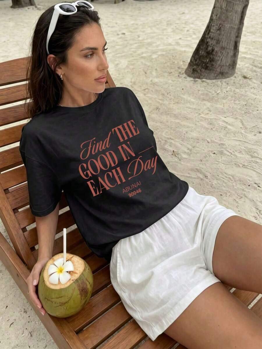 Camiseta Casual de Mujer de Punto con Cuello Redondo y Manga Corta, con Estampado Inspirador, Hombros Caídos y Largo Regular 3O7I - Negro - Ver 1
