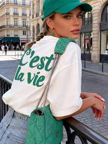 Camiseta Casual Blanca de Cuello Redondo y Manga Corta para Mujer con Estampado del Slogan "C'est la vie", Hombros Caídos, Corte Regular Y6MC - Blanco - Ver 3