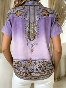 Women's Plus Size Button-Up Short Sleeve Shirt Blouse, Lightweight 3D Print Summer - Mauve Purple - View 2