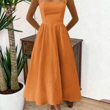 Women's Spring/Summer Sleeveless Zipper Pleated Dress, Casual Elegant Style, Suitable For Beach, Vacation, Date, Music Festival, Valentine's Day, Birthday Party And Other Occasions Black - Naranja - Ver 1