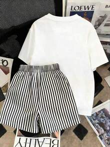 informal de 2 piezas de camiseta de manga corta con cuello redondo y estampado de letras, y shorts para mujer - Blanco - Ver 2