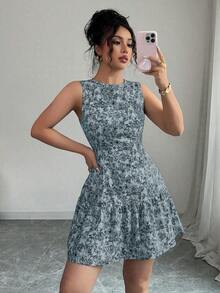 Vestido mini con estampado floral elegante de estilo bohemio sin mangas con cinturón, adecuado para la temporada de graduación, festivales y uso de verano, primavera/verano - Azul - Ver 5
