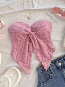Top cómodo de gasa con abertura frontal, textura de tela, sin tirantes, ideal para uso casual y romántico en vacaciones, para tomar el té por la tarde dentro o fuera, de vuelta a la escuela - Rosa - Ver 7