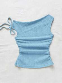 Blusa de punto con textura de burbujas de color albaricoque, cuello asimétrico con lazo en la cintura, ajuste ceñido, adecuada para fiesta, cita, paseo por la ciudad, viaje por carretera, playa de verano - Azul - Ver 2