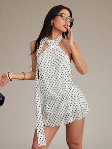 Vestido de verano mini blanco con lunares negro y blanco de malla apropiado para vacaciones - Blanco - Ver 7