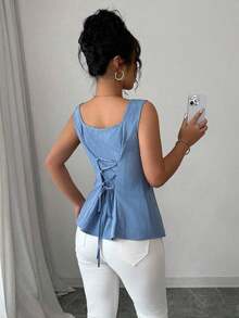 Camisa sin mangas elegante con cuello cuadrado, cintura atada y rayas para el verano 2025 - Azul - Ver 3