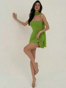Vestido mini de mujer de unicolor con diseño de cinta y cuello halter - Verde - Ver 7