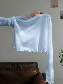 Vestido camisero con adorno de encaje, blusa de punto transparente de manga larga como cubridor para mujeres, para el verano - Celeste - Ver 2