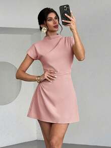 Vestido mini de línea A con cintura fruncida de unicolor, estilo de oficina para el verano - Rosa vieja - Ver 8