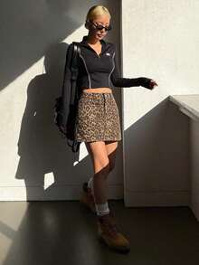 Falda vaquera casual con botones delanteros y bolsillos con estampado de leopardo - Marrón 5 - Ver 7