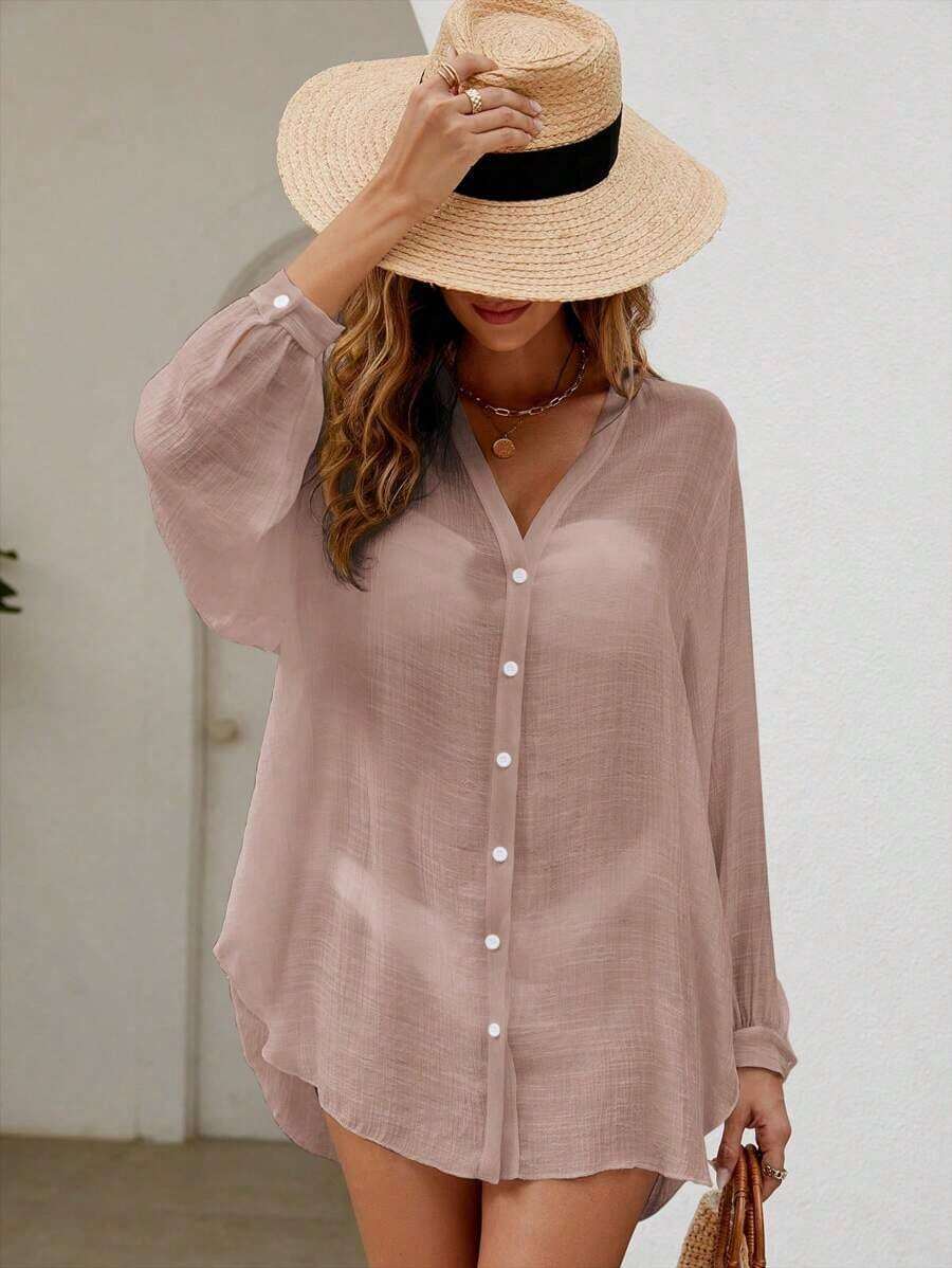 Holidaya Kimono unicolor con botón delantero - Rosa vieja - Ver 1