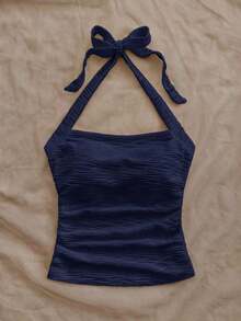 Parte superior corta ajustada con cuello de halter casual para vacaciones de mujer, verano de mujer, sin espalda, ropa de vacaciones de mujer, lunares, primavera de mujer, verano, parte superior para salir de mujer, vacaciones de mujer - Azul marino - Ver 3