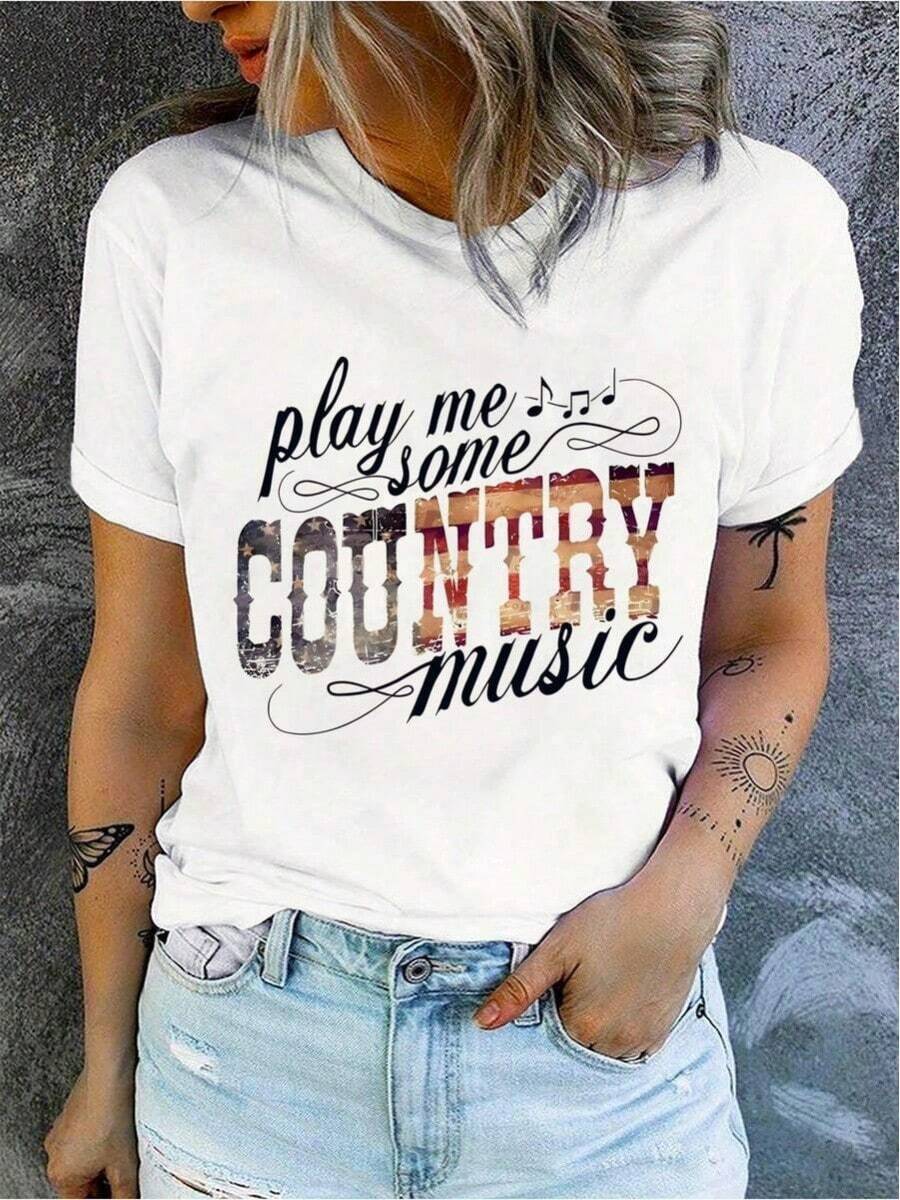 Women's T-Shirt With Country Music Print - Casual Crew Neck, Short Sleeve, Knit Fabric, Colorful Patchwork Letter Design - Cotton And Spandex Blend - Comfortable For All Seasons - 100% Cotton T-Shirt, Breathable For Casual Daily Wear - Suitable For Spring, Summer And Autumn. - 白色 - 查看 1