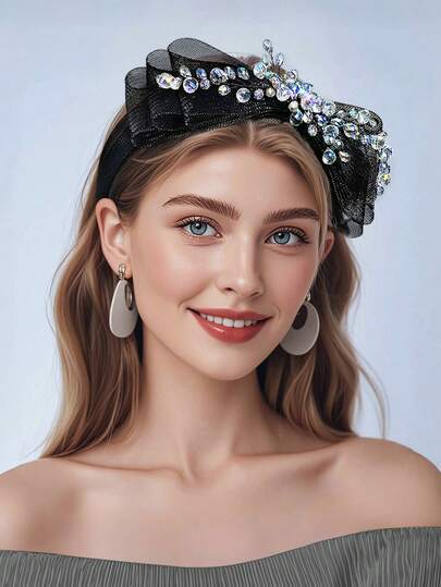 1pc Elegant Crystal Bow Headband, Versatile Women's Wedding Hair Accessory, Suitable For Banquet, Party, Wedding, Festival, Prom