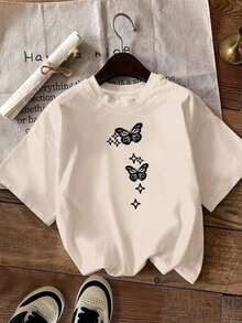 Camiseta de manga corta con estampado de mariposa - Unisex, holgada - Ajuste cómodo, estilo vintage urbano - Camiseta de algodón 100% algodón - Albaricoque - Ver 1