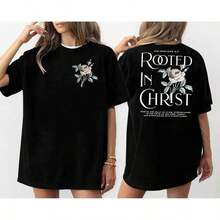 Edición Limitada Camiseta Arraigada en Cristo Camisetas Cristianas para Mujer Camiseta Oversized de Jesús con Gráficos de Versículos Bíblicos - Top Cómodo Oversized de Algodón Ligero - Negro - Ver 3