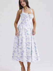 Long Dress With Adjustable Straps And An Elegant European-Style Print. - Blue - View 2