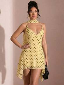 Vestido corto de gasa con escote en V profundo y cinta de color negro sólido, adecuado para citas diarias, salidas nocturnas, discotecas, fiestas, reuniones, fiestas de cóctel, monos de vacaciones, fiestas en la piscina, ropa de oficina, vestidos para ir y venir - Amarillo - Ver 1