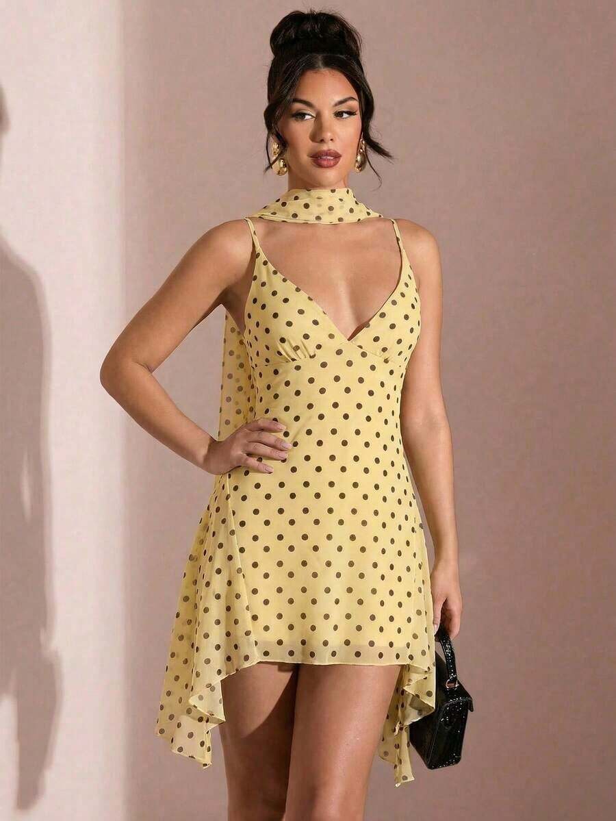 Vestido corto de gasa con escote en V profundo y cinta de color negro sólido, adecuado para citas diarias, salidas nocturnas, discotecas, fiestas, reuniones, fiestas de cóctel, monos de vacaciones, fiestas en la piscina, ropa de oficina, vestidos para ir y venir - Amarillo - Ver 1