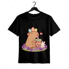 Tops para mujer de Algodón Negra con Estampado de Capibara Boba de Pascua para Mujer, Linda  Casual de Manga Corta con Cuello Redondo, Corte Regular, Elasticidad Media, Ropa Urbana - Negro - Ver 2