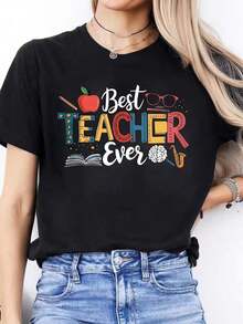 Camiseta deportiva de manga corta y cuello redondo para mujer con estampado de letras, ideal para uso casual en primavera y verano - Negro - Ver 7