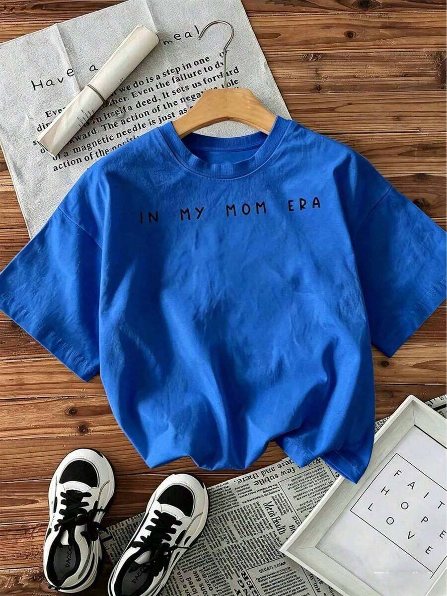 1pscCamisetas Gráficas para Mujer "En Mi Era de Mamá" - Camiseta de Manga Corta Transpirable con Cuello Redondo Brillante y Estampado de Letras, Blusa Casual de Primavera Verano para Mamás, Ropa Casual Lavable a Máquina y Conjuntos para Mamás 100% algodón100% Cotton - Azul - Ver 1