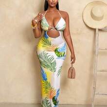 Women's Tropical Plant Print Hollow-Out Sexy Tie Neck Dress, Vacation Wear - Multicolor - Ver 2