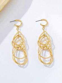 1 Pair Fashion Designer Style Metal Line Earrings, European And American Style Exaggerated Multi-Layer Hollow Water Drop Earrings, Vacation Style Versatile Elegant Accessory, Freely Movable Woven Line Design Adds More Dynamism, Randomly Hanging Water Drop Earrings Add Layered Effect - Yellow Gold - View 4