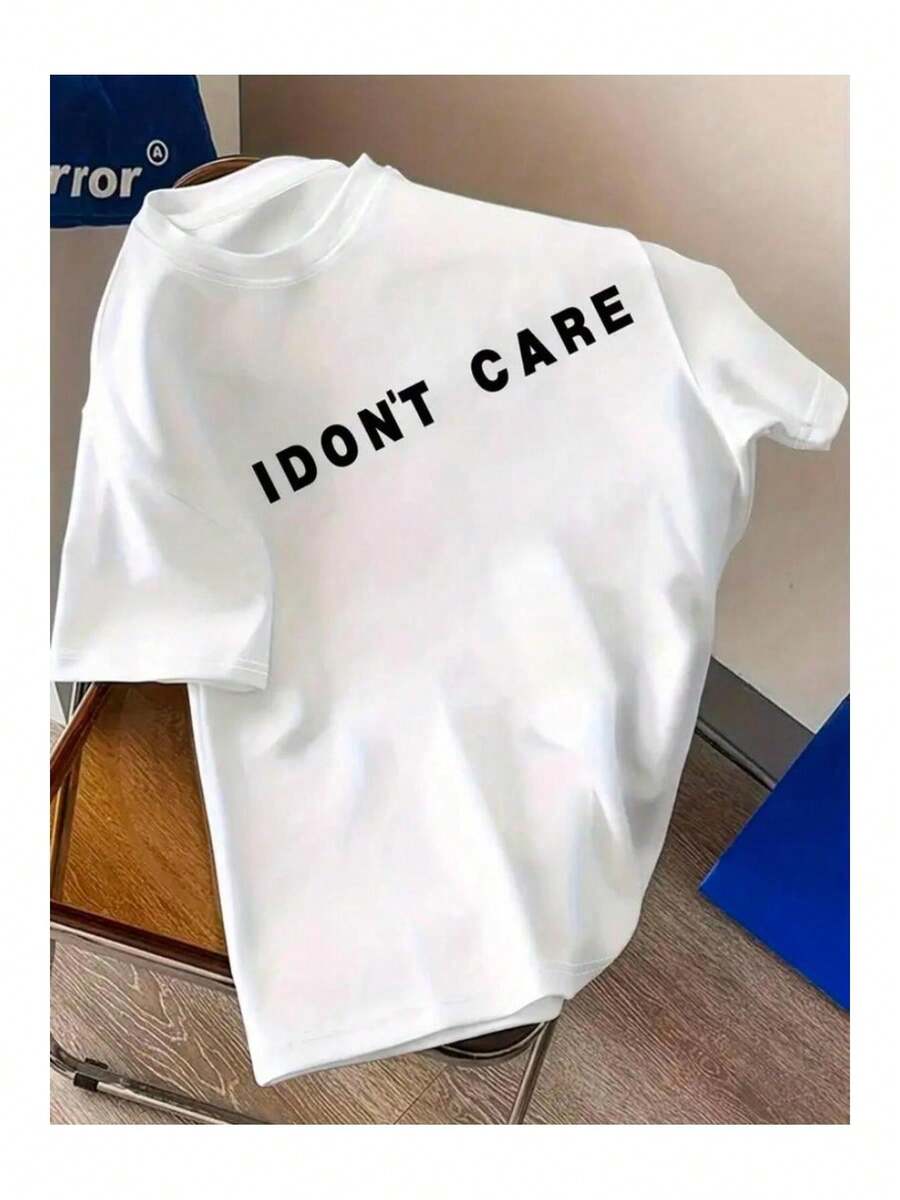 Basic T-Shirt With The Phrase "I Don't Care" Loose And Comfortable - White - View 1