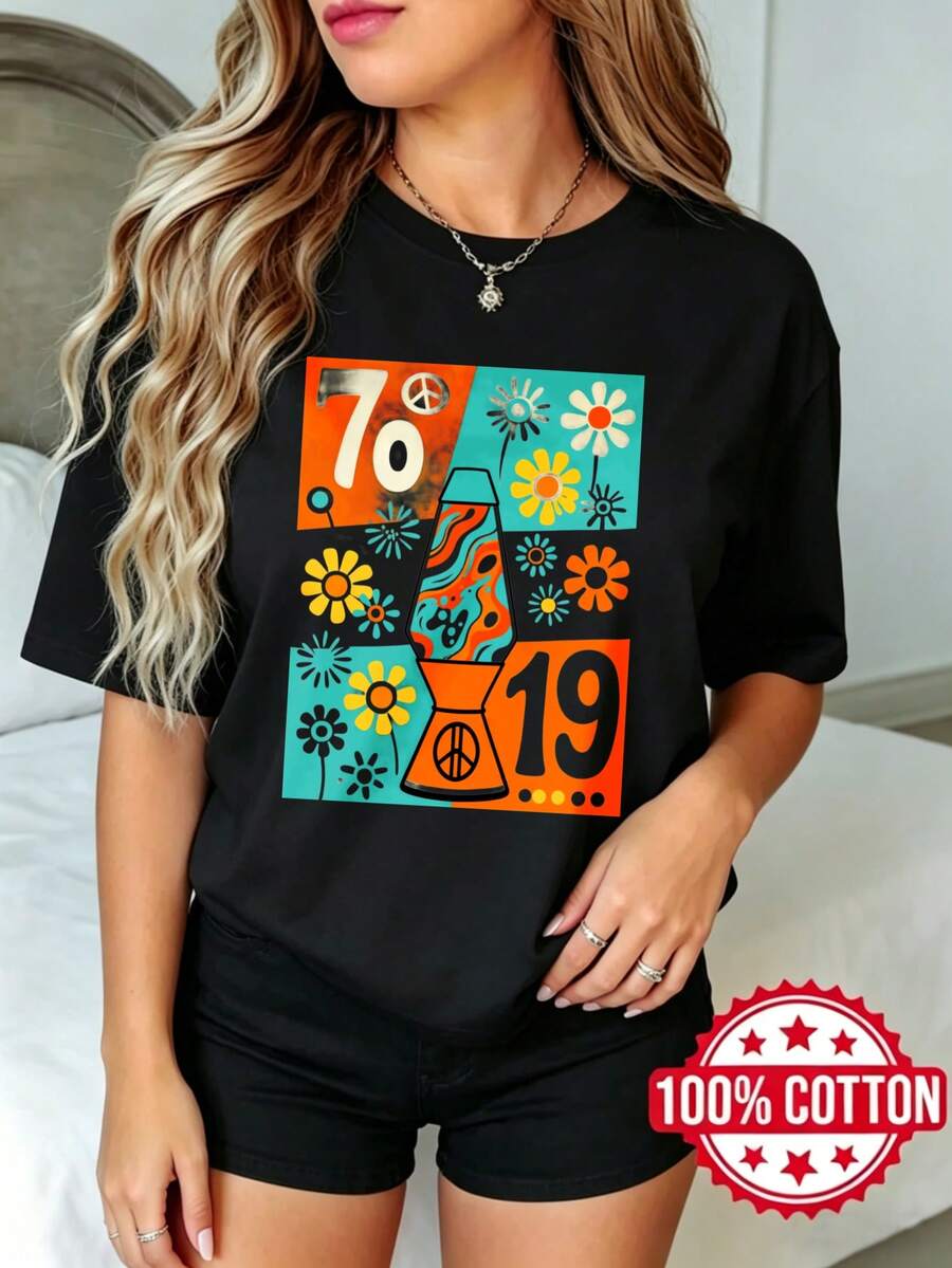 Women's Black Short-Sleeved T-Shirt With Round Neck And Print, Summer Peace Sign Flowers Numbers Retro Style S-3XL Fashion 100% Cotton Material - 黑色 - 查看 1
