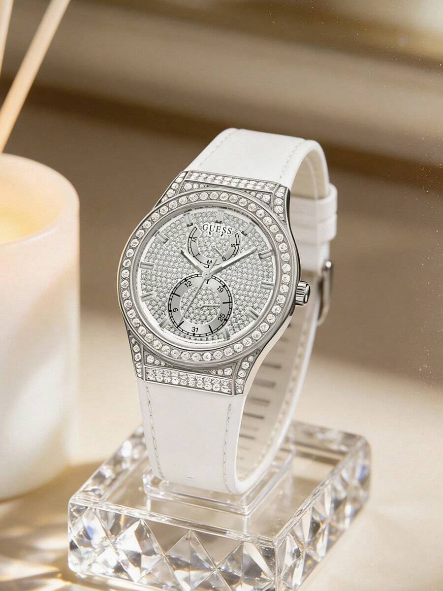 GUESS GW0439L1 女士水晶石英表 白色皮革表带 奢华防水腕表 - 銀色 - 查看 1