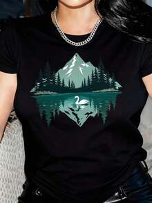 1 Piece Women's 100% Plus Size T-Shirt With Swan Lake And Mountain Print - White And Turquoise Pine And Swan Design, Casual Short Sleeve Crew Neck T-Shirt For Christmas, Thanksgiving, Casual Wear - Breathable For All Seasons. - 黑色 - 查看 1