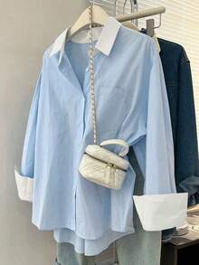 Camisa casual de mujer de manga larga, de un solo pecho, de un solo bolsillo, de unicolor, para otoño - Multicolor - Ver 1