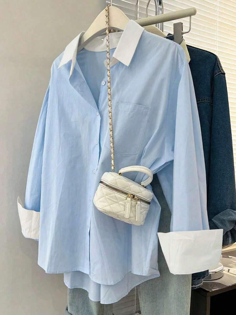 Camisa casual de mujer de manga larga, de un solo pecho, de un solo bolsillo, de unicolor, para otoño - Multicolor - Ver 1
