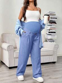Pantalones rectos con bolsillo en diagonal, cintura ajustable, para maternidad - Azul - Ver 5