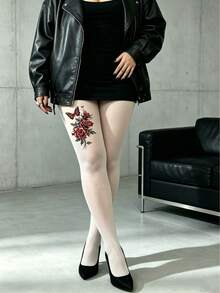Women's White Rose & Butterfly Print Tights - Sexy Red Floral Patterned Pantyhose Suitable For Goth, Y2K And Alternative Fashion - Multicolor - View 7