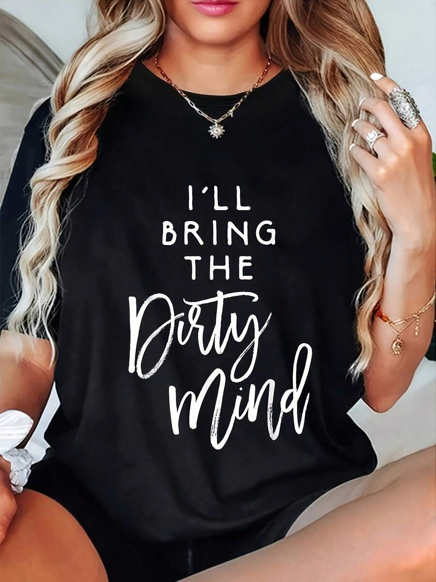 Women's Casual Crew Neck T-Shirt, 1 Piece, With Slogan "I'll Clear The Dirty Mind", Fabric 95% 5% And 5% Elastane, High Elasticity, Regular Fit, Short Sleeves, Geometric Print, Versatile, Lightweight And Casual Short Sleeve T-Shirt For Everyday Wear (Regular Fit) - 黑色 - 查看 1