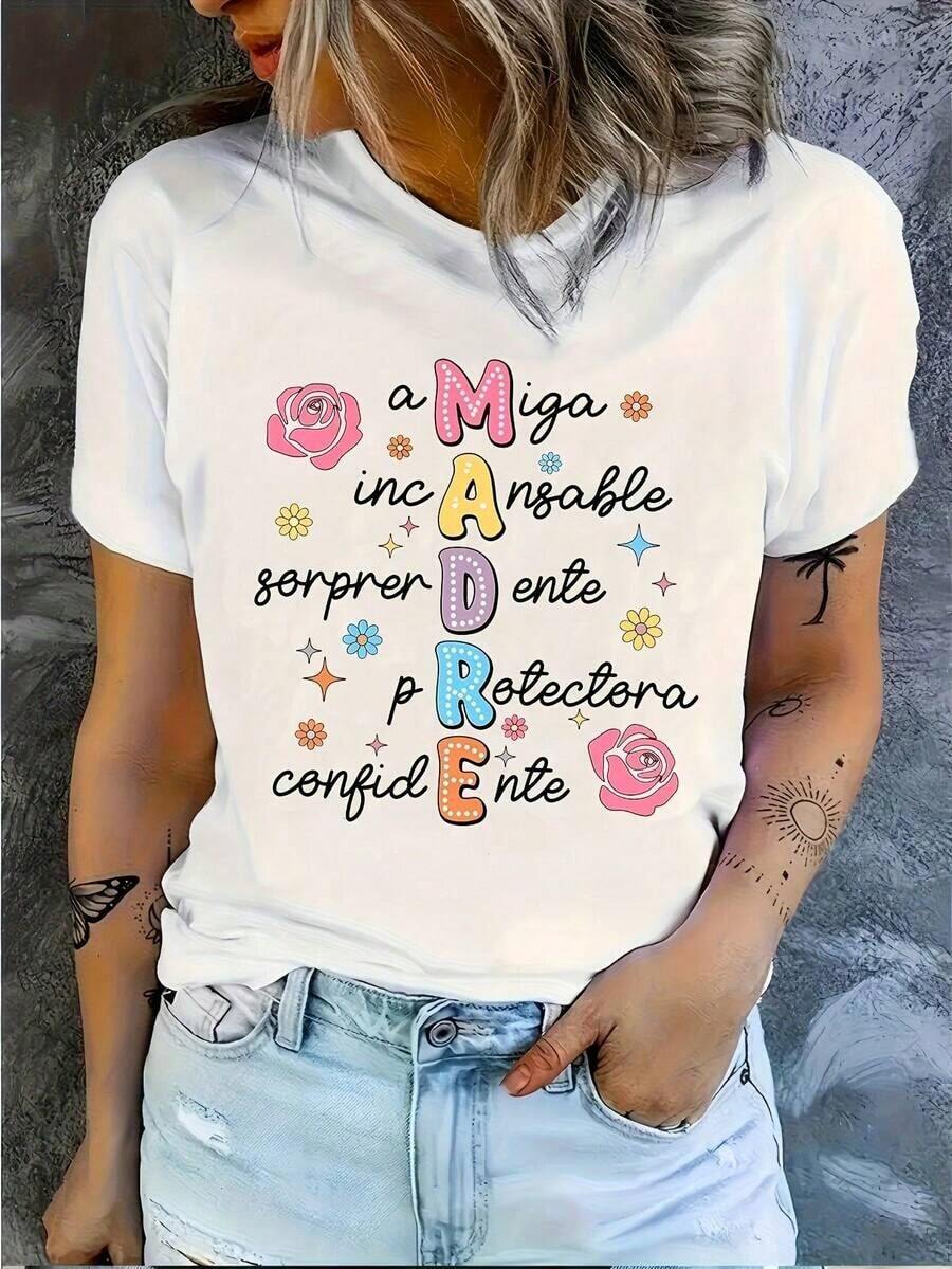 Top mujerCamiseta de Mujer para el Día de la Madre - Estampado Floral Estrella y Madre Incomparable, Top de Manga Corta con Cuello Redondo, Suave y Transpirable para Uso Casual en Primavera Verano, Camiseta con Diseño Divertido, Ajuste Cómodo, ropa de mujerTendencia 2026 - Blanco - Ver 1