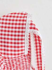 Camiseta de tirantes con volantes y lazo a cuadros linda para mujer - Rojo y blanco - Ver 4
