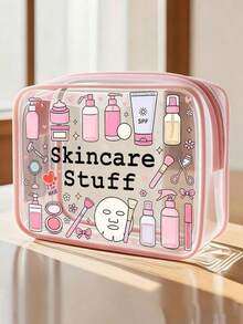 "Skincare Stuff" 字母印花 PVC 洗漱包，PVC 旅行收納袋附拉鍊開關，化妝包，便攜式化妝箱，適合母親、老師、朋友、護士，化妝袋，學校假期開學必備旅行用品 - 彩色 - 查看 12