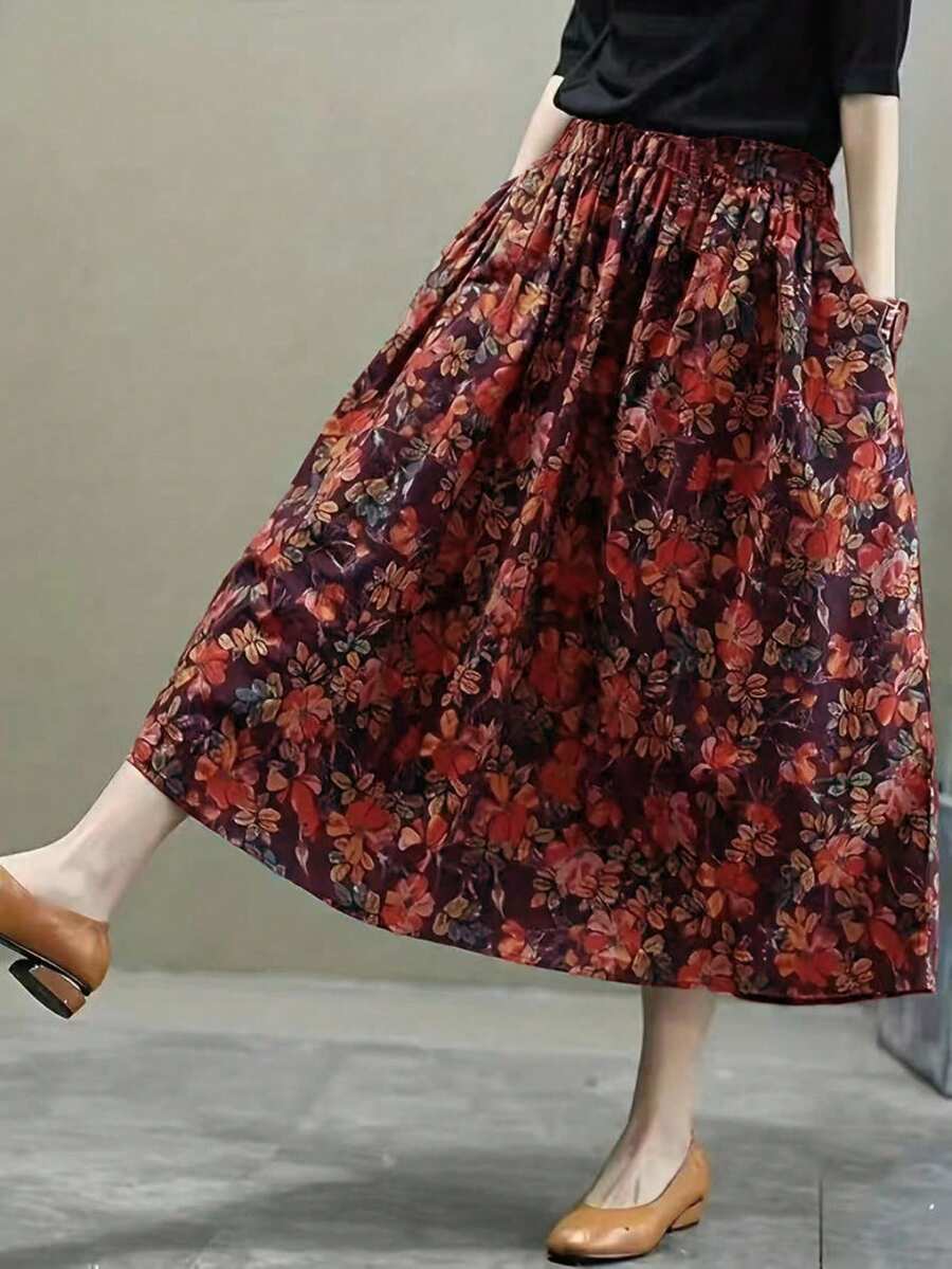 Women's Autumn Back To School Commute Artistic Versatile Pocket Slim Fit Elastic Ditsy Floral Skirt Vacation - Multicolor - View 1