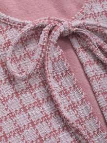 Camiseta de manga corta con nudo delantero y estampado de cuadros, top corto para mujeres - Rosa - Ver 7